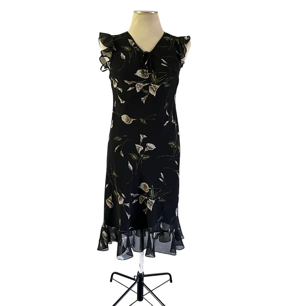Vtg Y2K 2000s Black Dark Floral Beaded Ruffle Sleeve Midi Dress Whimsigoth Sz 6